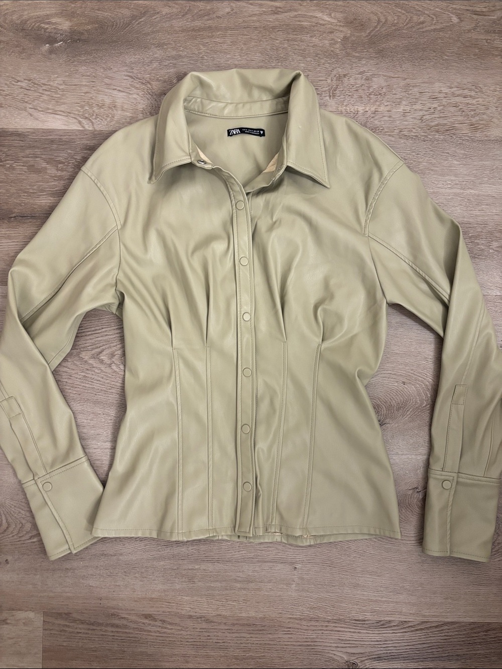 Zara Faux Leather Button-Up Shirt Jacket - Light Olive